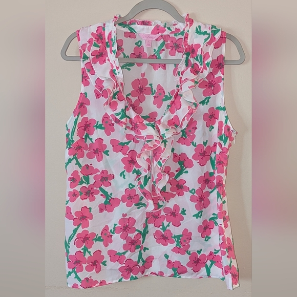 Lilly Pulitzer Tops - Lilly Pulitzer Pink Floral Ruffle Blouse